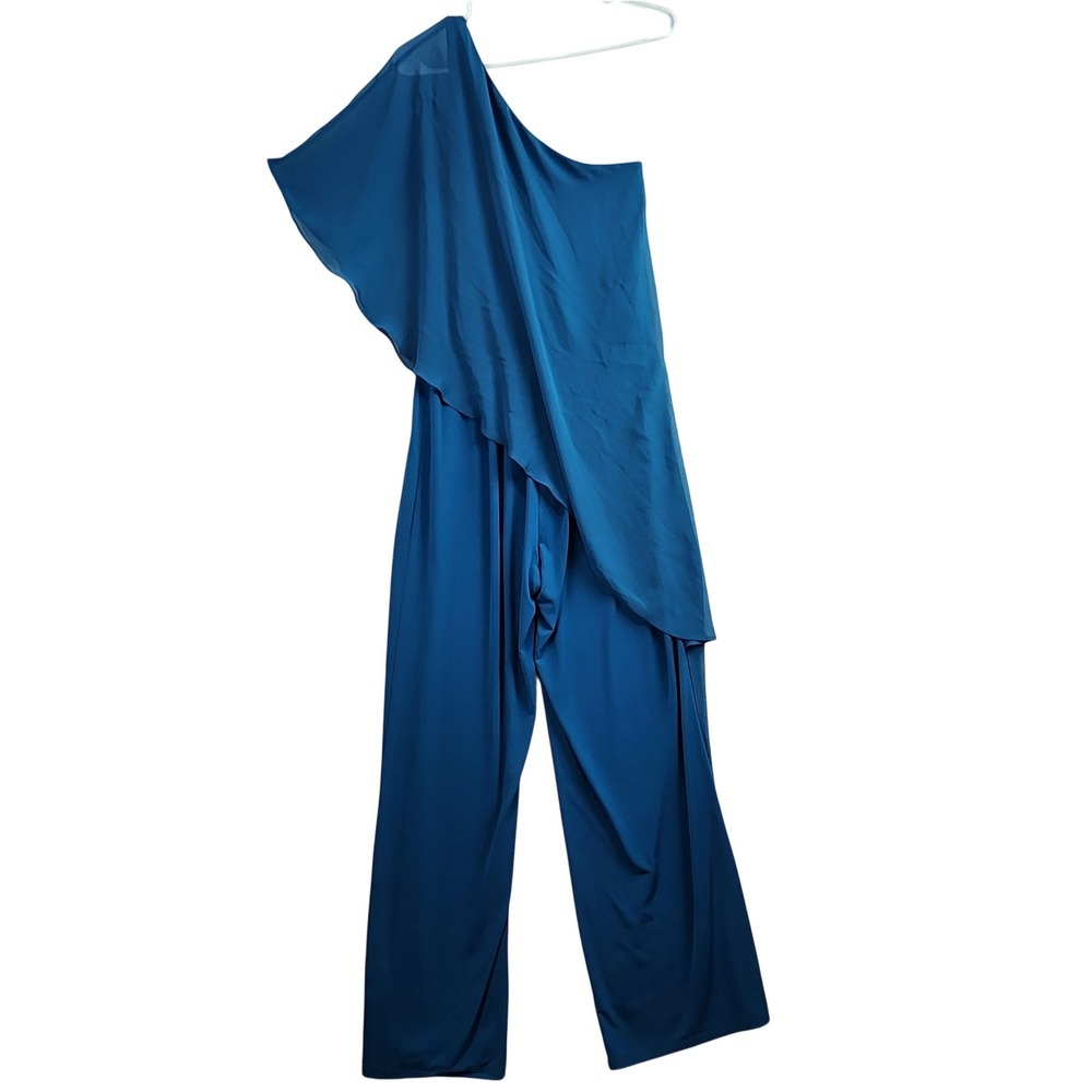 Colleen Lopez One Shoulder Jumpsuit Womens Med Teal Blue Wide Leg Asymmetrical